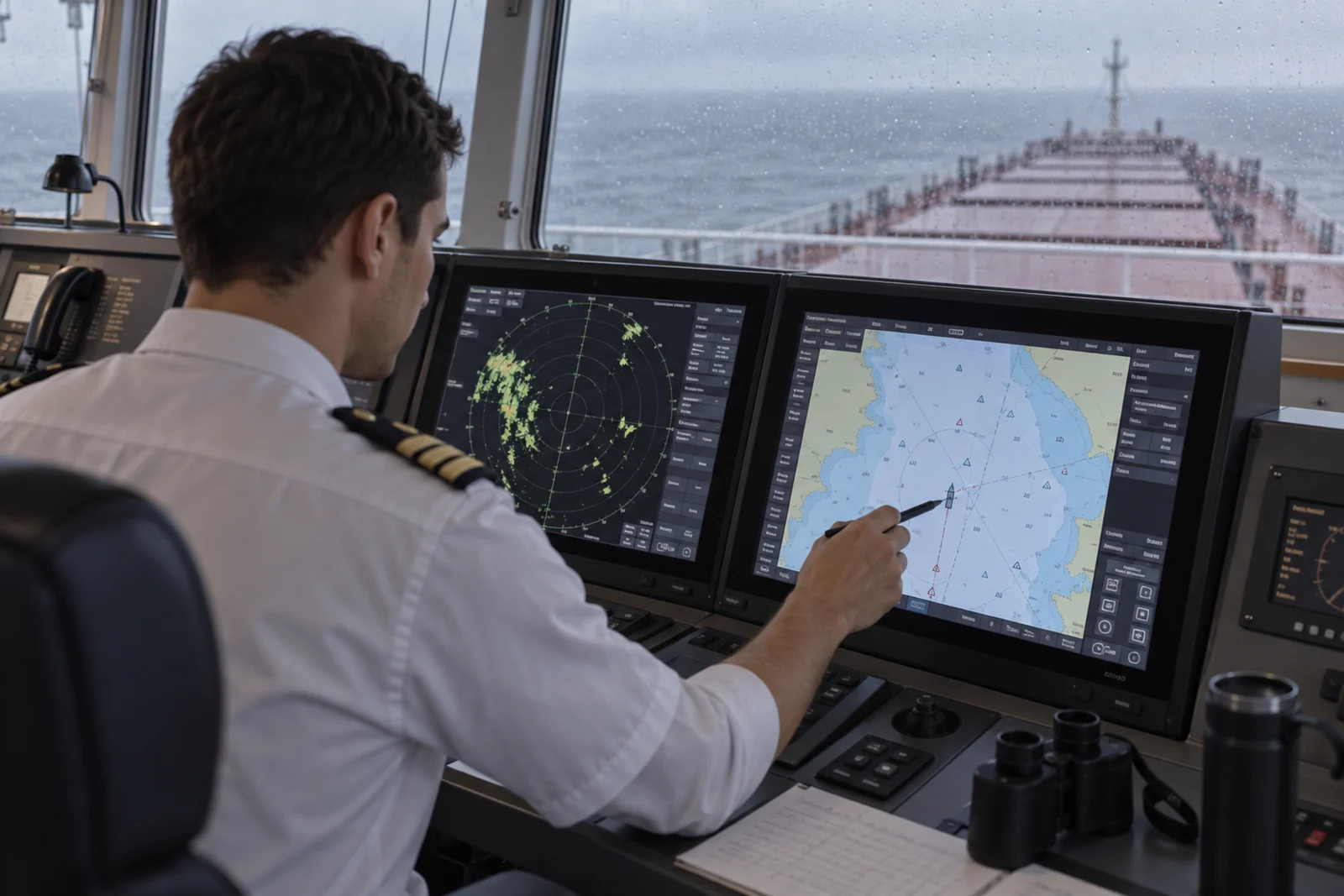 Gemi köprüüstünde radar ve elektronik harita ekranlarını inceleyen zabit