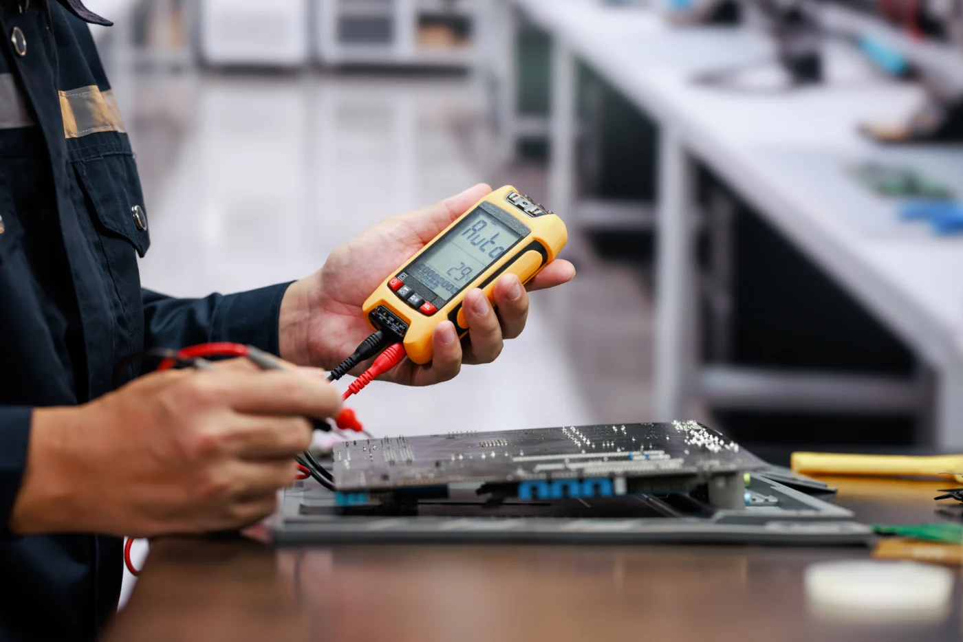 Elektronik kartı multimetre ile test eden teknisyen